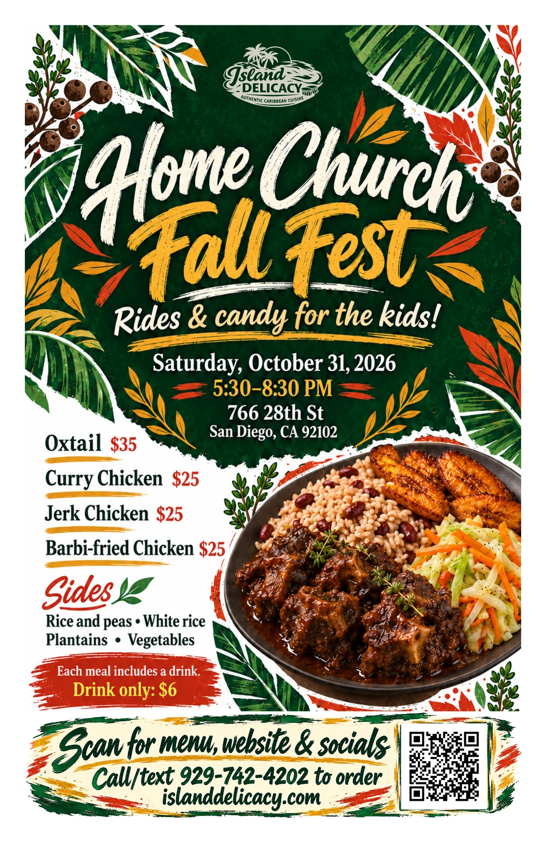 Island Delicacy Home Church Fall Fest flyer, with the event menu and QR link. Event details and the accessible menu are linked alongside.