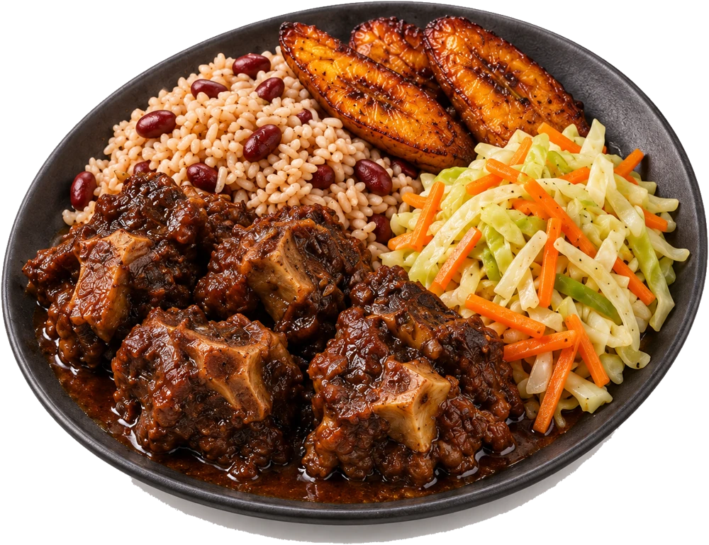 Illustrative Caribbean plate with oxtail, rice and peas, plantains, cabbage and carrots